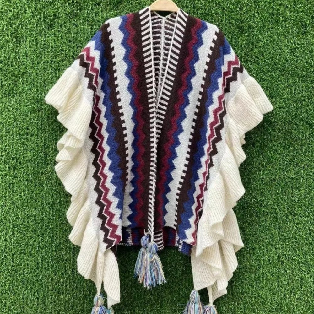 Chevron Ruffle Shawl with Tassels | Women Bohemian Poncho Wrap Cloak #1269